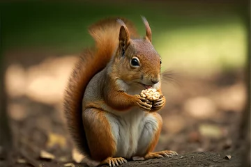 Fotobehang a red squirrel eating a nut in the woods with a blurry back ground in the background and a blurry back ground in the foreground, with a blurry background, a. © Anna