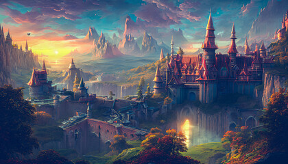 Beautiful castle in a magical landscape filled with divine blessings. Generative AI