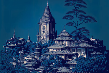 Outline Kathmandu Skyline of the city of Nepal with blue buildings Drawings in format. landmark filled cityscape of Kathmandu. Concept for business travel and tourism with old world buildings