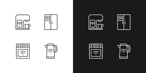 Smart kitchen appliances pixel perfect linear icons set for dark, light mode. Device for cooking. Smart home technology. Thin line symbols for night, day theme. Isolated illustrations. Editable stroke