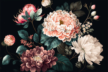 Delicate floral watercolor pattern, floral design for textile and background, watercolor peony flowers and green leaves, soft colors, boho style on black background, floristic vintage. Generative AI