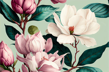 Delicate floral watercolor pattern for textiles and backgrounds, watercolor peonies flowers and green leaves, soft colors, boho style on a light background, floristic vintage, Asian. Generative AI