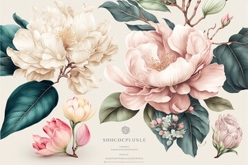 Delicate floral watercolor pattern, floral pattern for textile and background, watercolor peony flowers and green leaves, soft colors, boho style on a beige background, floristic vintage.Generative AI