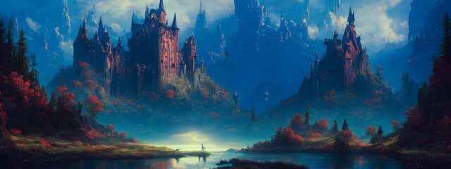 Fototapeta na wymiar Terrifying castle in a dramatic blue atmosphere of fear. Generative AI