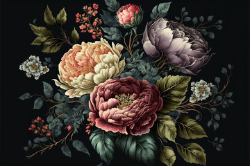Floral pattern of flowers, peonies and roses with elements of green leaves on black background, illustration of floral background, nature concept. Generative AI.