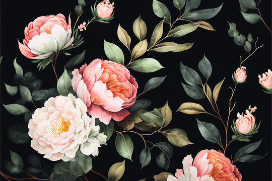 Watercolor drawing of plants leaves and flowers, lush floral patterns of delicate color, peonies and roses on textured paper for watercolor black, vintage style. Generative AI