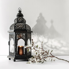 ornamental black Moroccan Arabic lantern with blooming prunus tree branches on a white background