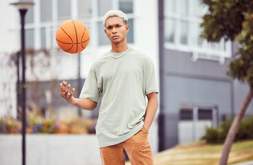 Fototapeta Fashion, fitness or portrait of black man with basketball in training practice, workout or exercise on city basketball court. Sports, game or male model with cool trendy clothes, Motivation or talent obraz