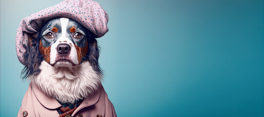banner of fashion cute dog wearing clothes, isolated on blue background, cute puppy photo, Generative AI