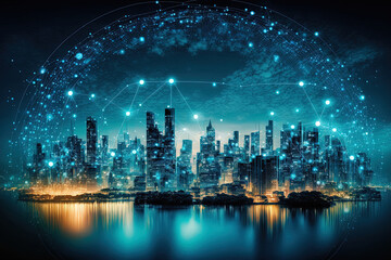 Smart city with a cityscape and wireless network connectivity. notion of massive data connectivity technology. Concept of wireless network and connection technologies against a nighttime cityscape