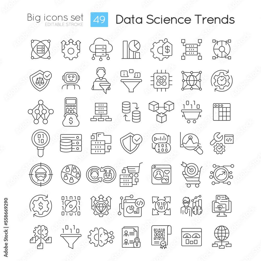 Poster data science trends linear icons set. information analytics technology. datalogy innovations. custom