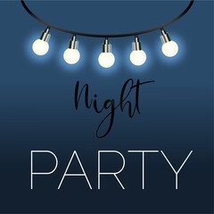 A garland of bright white light bulbs. Black cord. Blue background. Night party,social media, post
