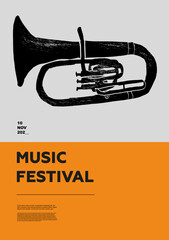 saxhorn. Music festival poster. Wind musical instruments. Competition. A set of vector illustrations. Minimalistic design. Banner, flyer, cover, print. 