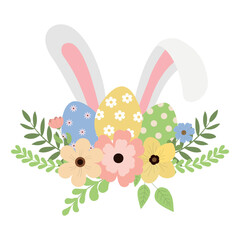 Easter illustration with eggs in the flowers, and bunny ears. Isolated on white background. White rabbit behind eggs. Spring holiday design and greeting card.