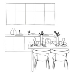 Kitchen interior drawing, vector illustration