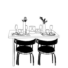 Furniture in cafe. Table and chair sketch. Food adn drink on table