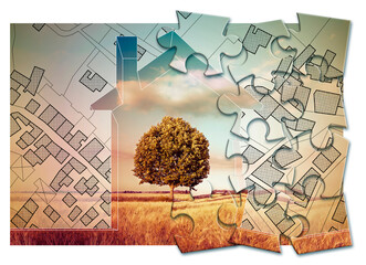 Imaginary cadastral map of territory with buildings, land parcel and home silhouette with lone tree in a field - planning a new home in nature - concept in jigsaw puzzle shape
