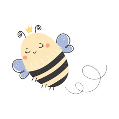 Cute Queen bee character. Hand drawn Flying Bumblebee. Ideal for poster, nursery decoration, card, invitation, print..Cartoon honey bees vector illustration isolated on white background
