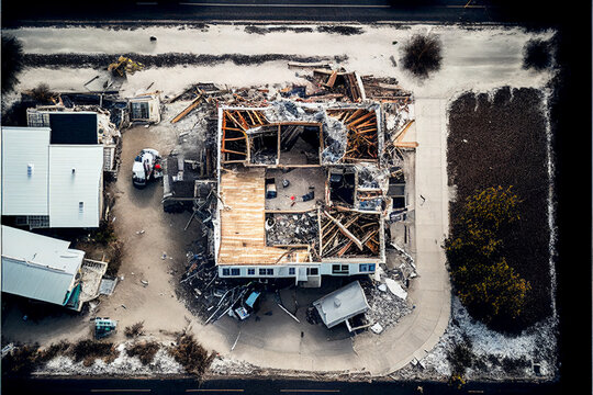 Top View Of A Roofless House After A Major Storm, Destroyed House And Neighborhood, Natural Disaster, City View, Homes In Conflict Zone, Military Destruction Generative AI