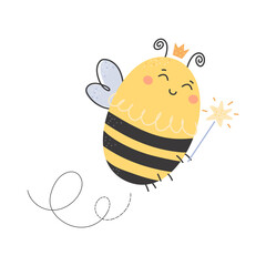Cute Queen bee character. Hand drawn Flying Bumblebee. Ideal for poster, nursery decoration, card, invitation, print..Cartoon honey bees vector illustration isolated on white background