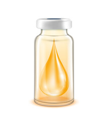 Drop serum collagen vitamins inside vaccine bottle. Used for beauty and medical advertisements. Glass bottle orange isolated on white background. 3D vector EPS10.