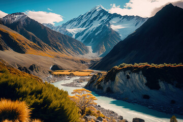 Beautiful panorama with tall rocky mountains on New Zealand's south island. Generative AI