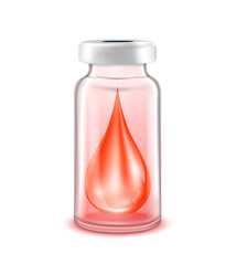 Drop serum collagen vitamins inside vaccine bottle. Used for beauty and medical advertisements. Glass bottle red isolated on white background. 3D vector EPS10.