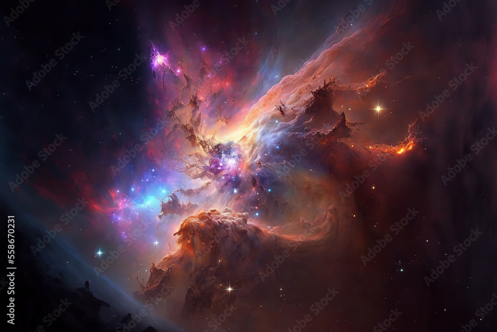 Aufkleber Large view of a colorful dark nebula in space. Cosmic background with bright shining stars, galaxies and deep universe. Generative ai
