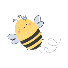 Cute baby bee character. Hand drawn Flying Bumblebee. Ideal for poster, nursery decoration, card, invitation, print..Cartoon honey bees vector illustration isolated on white background
