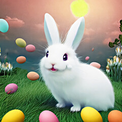 easter decoration, easter bunny and Easter eggs on a green grass, easter holiday