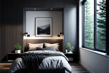 Comfortable minimalist bedroom in a modern style with natural elements, wood and different lighting with a bed by the window. Generative AI