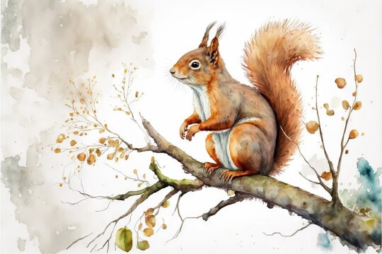 a painting of a squirrel sitting on a tree branch with leaves and berries on it's back legs, with its front paws on a branch, with a white background of watercolor. Generative AI