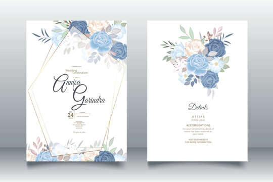  Navy Blue  Dusty Blue and Pink Wedding Invitation Template Set premium vector