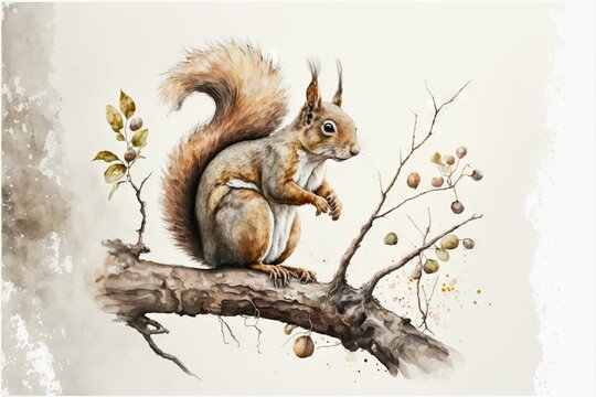 a painting of a squirrel sitting on a tree branch with nuts on it's back legs and a branch with leaves and nuts on it's back end, with a white background.