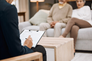 Marriage couple, psychologist and sofa in therapy consultation for support, mental health or...