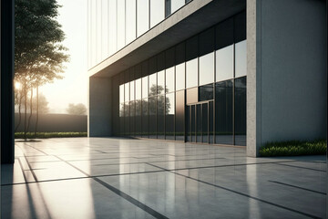 Minimalist interior of a large office building with glass windows, 3d render, design solution, building view from the street, sunset light. Generative AI