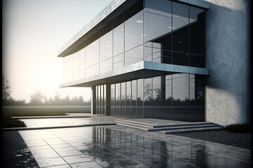 Obraz premium minimalist interior of a large office building with glass windows, 3d render, design solution. Generative AI
