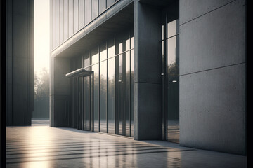 Minimalist interior of a large office building with glass windows, 3d render, design solution, building view from the street, sunset light. Generative AI