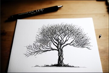 a drawing of a tree on a piece of paper next to a marker and a pen on a wooden table with a black marker on it and white paper background with a black pen on the.