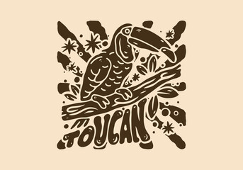 Illustration drawing of toucan bird standing on a tree trunk