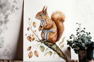 a painting of a squirrel sitting on a tree branch with leaves and a potted plant in the corner of the room next to the picture is a white wall with a white background and a.