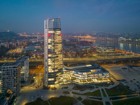Hungary - Budapest landscape with the amazing highest skyscraper (MOL HQ) from drone view at night