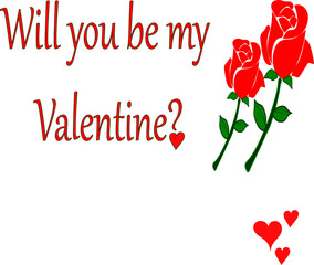 Will you be my valentine, text with a red rose and hearts in vector format