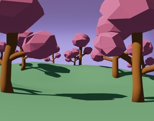 Low poly digital art cherry blossom forest set on green hill with sun shading, 3D Illustration.