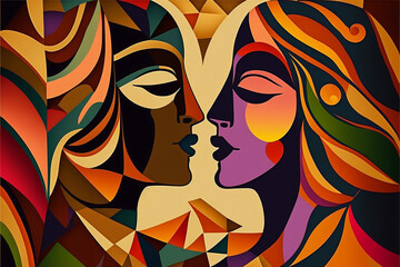 creative design illustration conceptual portrait of a man and a woman, love. Generative AI