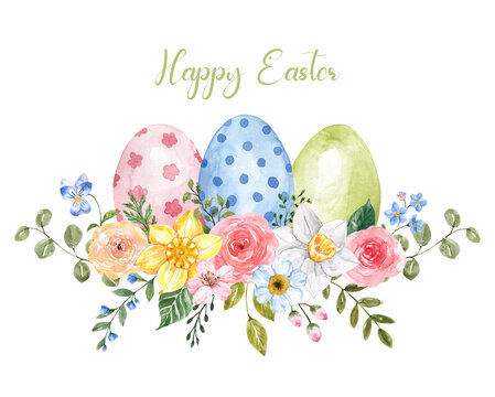 Watercolor Spring Wreath With Colored Eggs And Flowers, Isolated On White Background. Decorative Nest Arrangement For Easter Cards