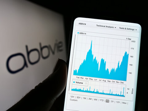 Stuttgart, Germany - 12-29-2022: Person holding cellphone with website of US biopharmaceutical company AbbVie Inc. on screen in front of logo. Focus on center of phone display.