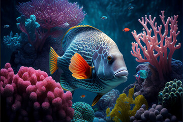 Underwater world, tropical rare fish in corals in the sea, colored exotic natural fish. diving. Generative AI