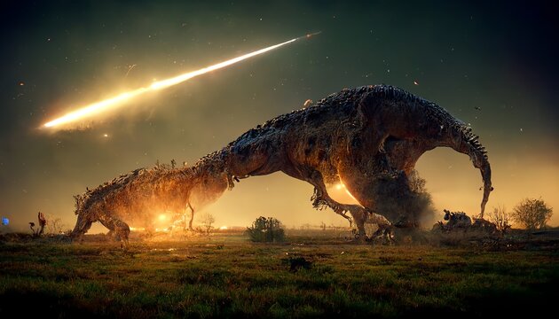 Giant meteor behind prehistoric abstract animal 