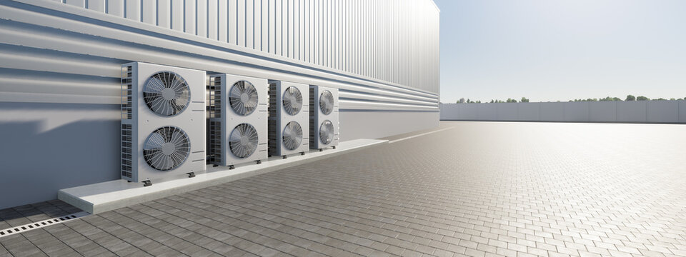 3d Rendering Of Condenser Unit Or Compressor Outside Factory Plant. Unit Of Ac Air Conditioner, Heating Ventilation Or Hvac Air Conditioning System. Include Fan, Coil And Pump Inside For Heat And Cool